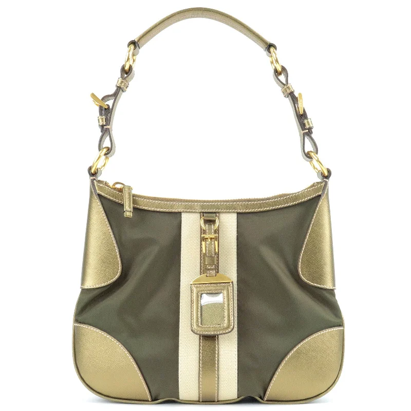 Ladies Prada shoulder bags with a single - handle design for simplicityPRADA Logo Nylon Leather Shoulder Bag Khaki Bronze BR4257