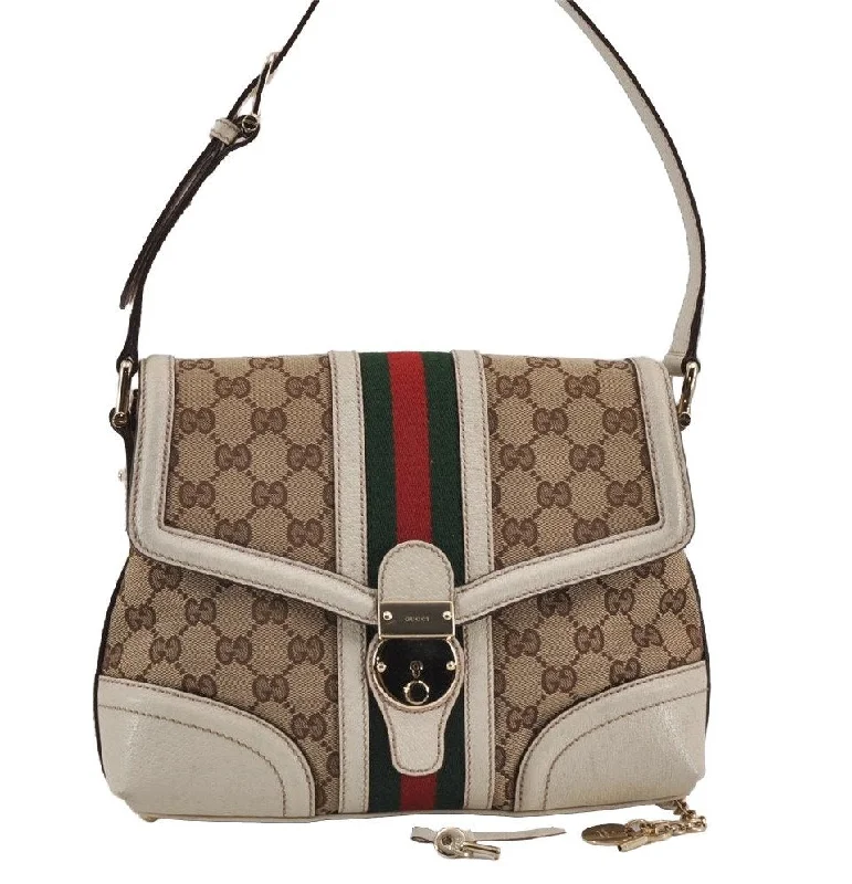 Women Gucci bags with a chain - link trim and a leather bodyAuth GUCCI Web Sherry Line Shoulder Bag GG Canvas Leather 145999 Brown 8923J