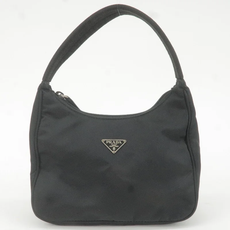 Ladies Prada shoulder bags with a tassel - adorned zipper for added charmPRADA Logo Nylon Pouch Hand Bag Purse NERO Black