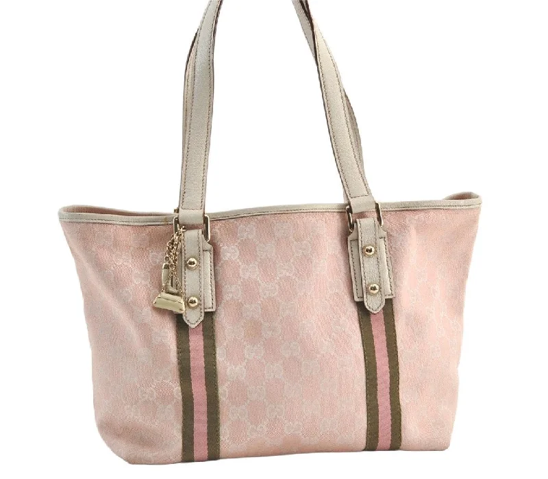 Ladies Gucci Dionysus bags with a chain - link shoulder strapAuthentic GUCCI Sherry Line Shoulder Tote Bag GG Canvas Leather Pink 9226J