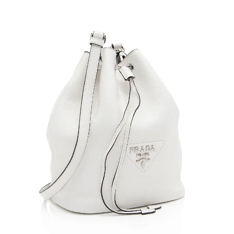 Prada bags with a snap - button closure and a decorative charm for a fashionable lookPrada Leather Drawstring Bucket Bag N7cCZ1