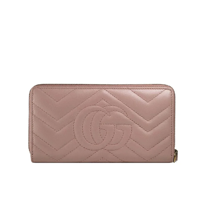 Women Gucci bags with a front - zip pocket for small itemsGucci Women's Wallet Marmort Pink Calf-Skin Leather Quilted Wallet 443123