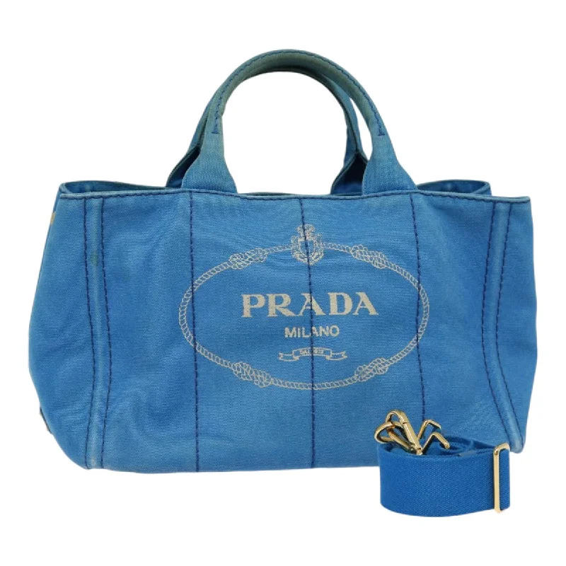 Prada handbags with a beaded trim for a touch of glamour and elegancePRADA Canapa MM Hand Bag Canvas 2way Blue Gold Auth 88572