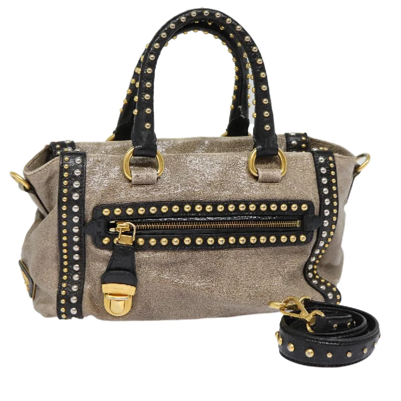 Ladies Prada Galleria bags with a detachable shoulder strapPRADA Studs Hand Bag Leather 2way Gray Gold Auth ki4827