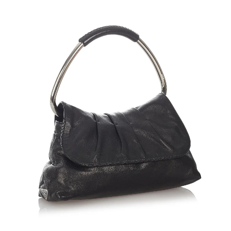 Prada bags with a front - zip pocket for small items like cards and keysPrada Leather Handbag 27090