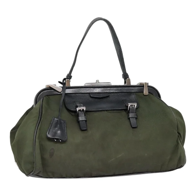 Prada Cahier bags with a leather - wrapped handle for a luxurious feelPRADA Hand Bag Nylon Khaki Silver Auth 88423