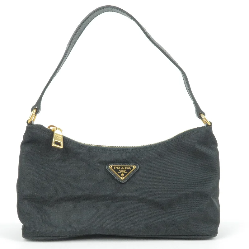 Ladies Prada shoulder bags with a wide - width strap for enhanced comfortPRADA Nylon Leather Hand Bag Pouch NERO Black 1N1413