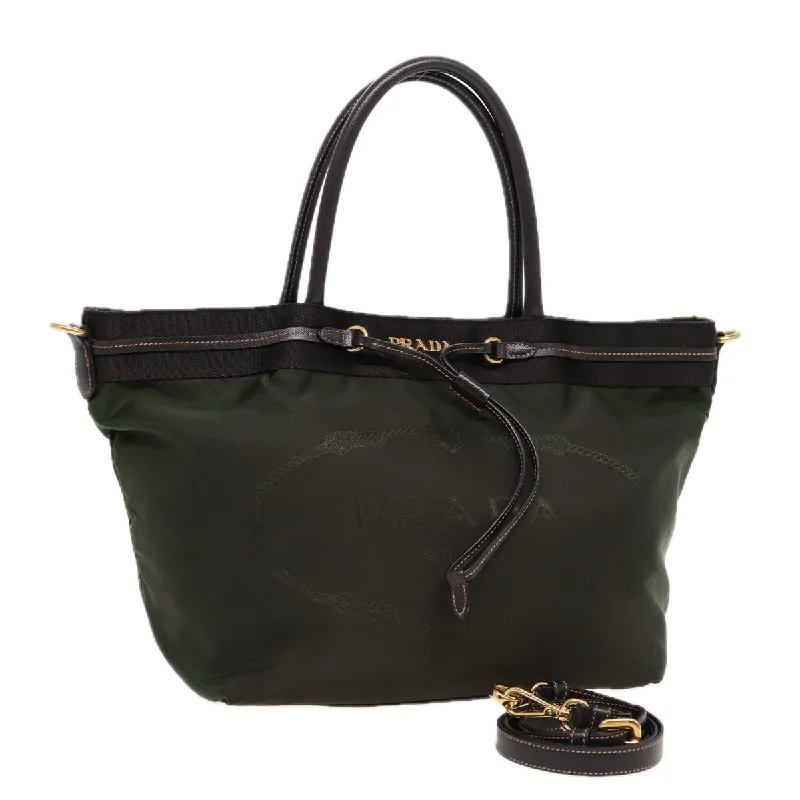 Prada bags with a zippered interior pocket for separating itemsPRADA Hand Bag Nylon 2way Khaki Gold Auth 89132