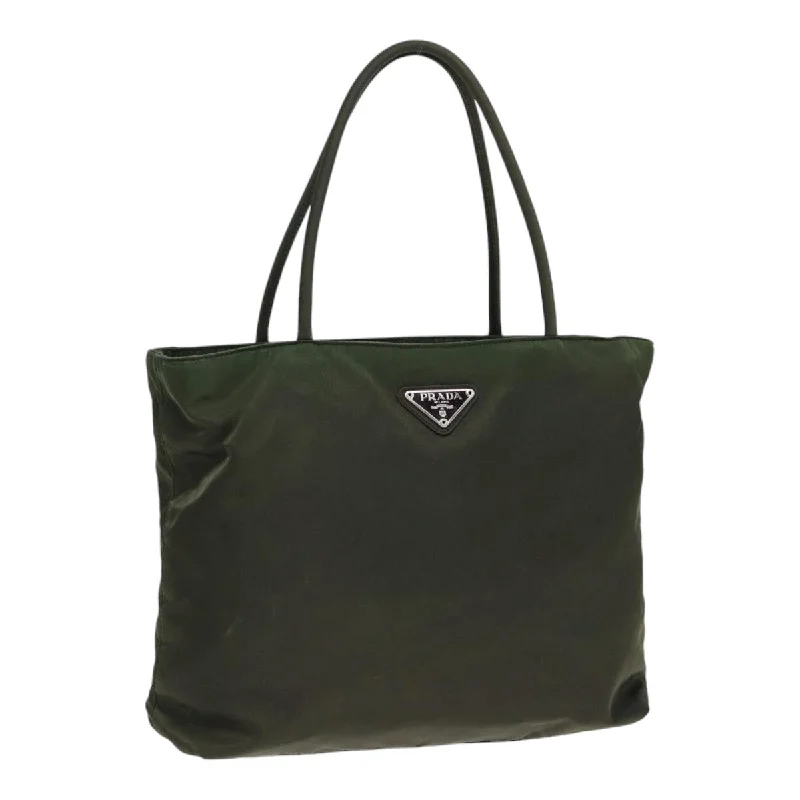 Prada bags with a front - zip pocket for small items like cards and keysPRADA Hand Bag Nylon Khaki Silver Auth 86045