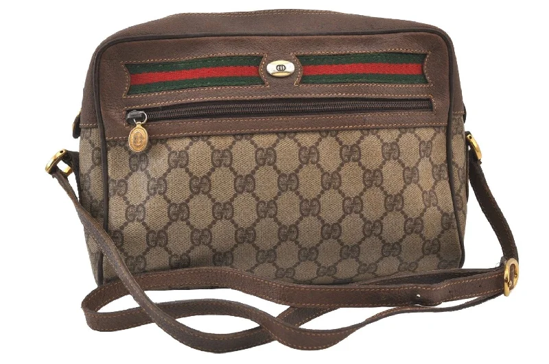 Gucci Marmont bags for women with a contrast - colored interiorAuthentic GUCCI Web Sherry Line Shoulder Bag GG PVC Leather Brown Junk 9242J