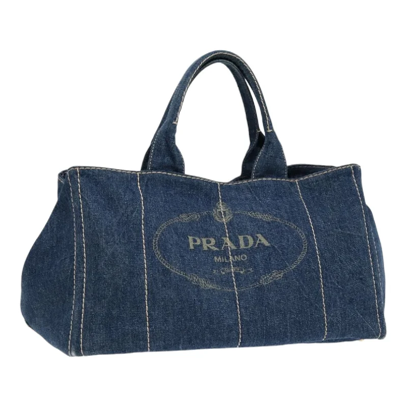 Prada Cleo bags with a curved shape and a chain - link shoulder strapPRADA Canapa GM Hand Bag Denim Blue Gold Auth ep5385