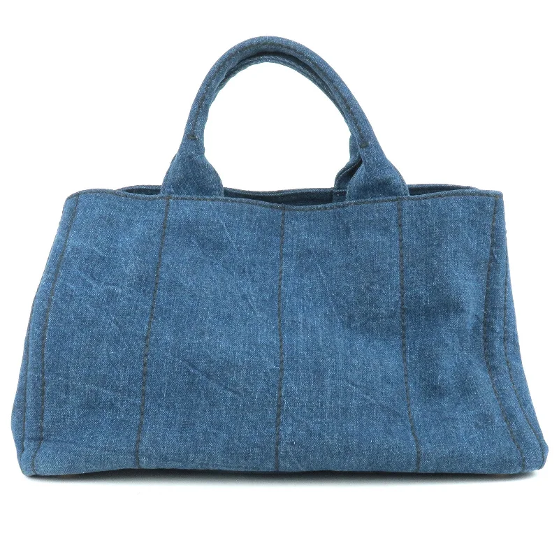 Ladies Prada Galleria bags with a textured leather surface for a more tactile lookPRADA Logo Canapa Denim Tote Bag Hand Bag AVIO Navy B2642B