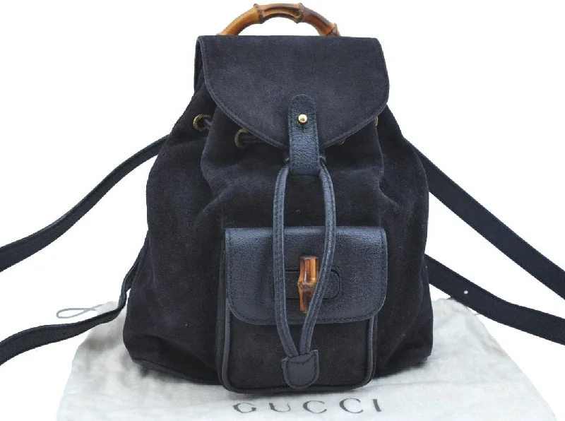 Women Gucci bags with a snap - button closure and a decorative charmAuthentic GUCCI Bamboo Backpack Suede Leather White Navy K9637