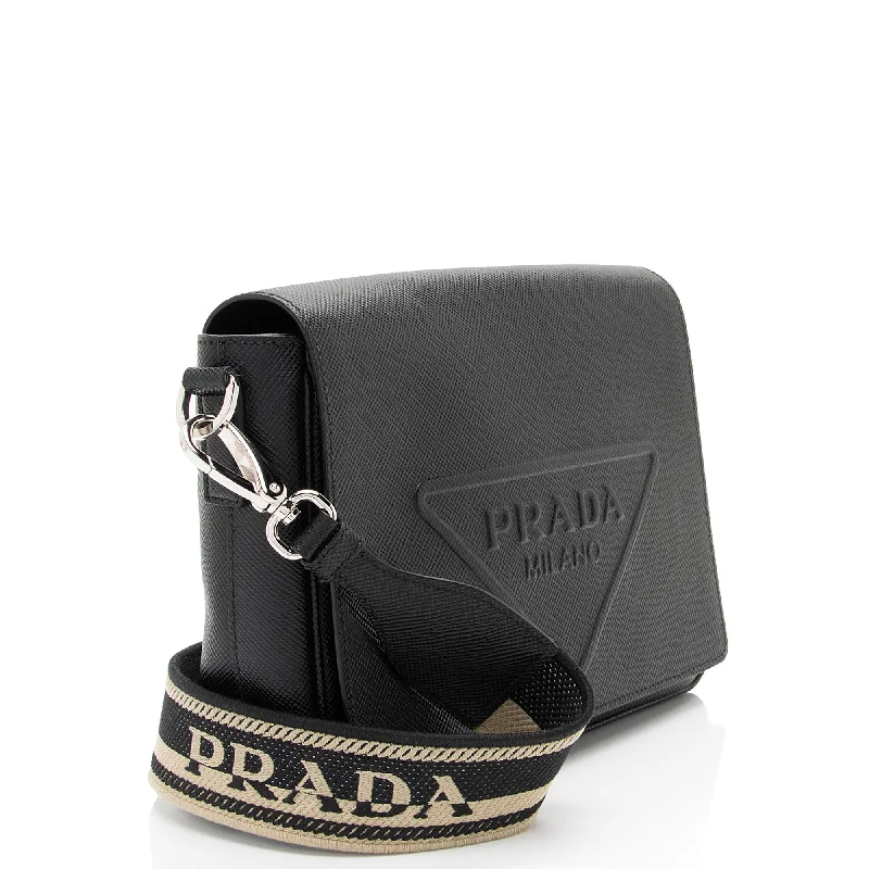 Prada tote bags with a printed Prada logo on the front for brand visibilityPrada Leather Triangle Logo Flap Shoulder Bag gkkZ4n