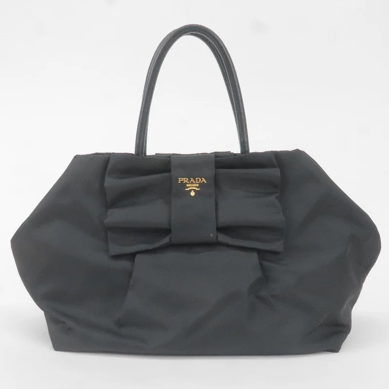 Ladies Prada shoulder bags with a single - handle design for simplicityPRADA Nylon Leather Ribbon Hand Bag NERO Black BN1601