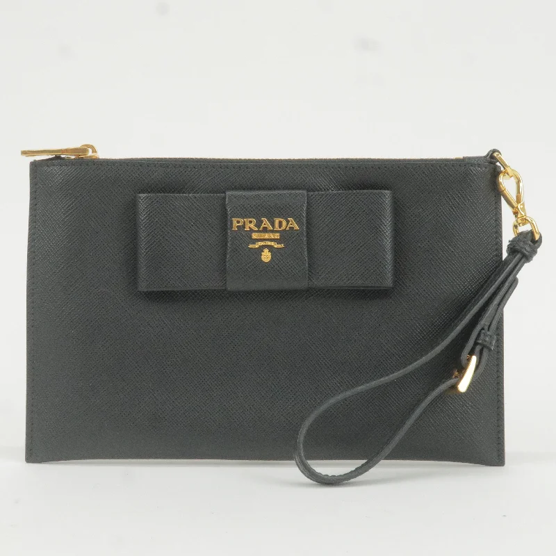 Prada bags with a detachable mobile phone holder for on - the - go conveniencePRADA Logo Leather Ribbon Pouch Cosmetics Bag NERO Black