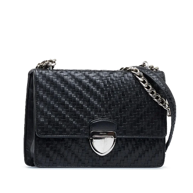 Prada bags with a snap - button closure and a decorative charm for a fashionable lookPrada Madras Chain Shoulder Bag SmrfbK