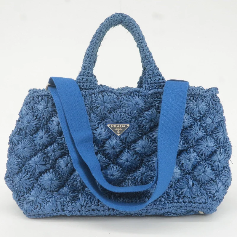 Prada Cahier bags with a detachable shoulder strap for versatile carryingPRADA Raffia Canapa 2Way Bag Hand Bag Shoulder Bag Blue BN2888