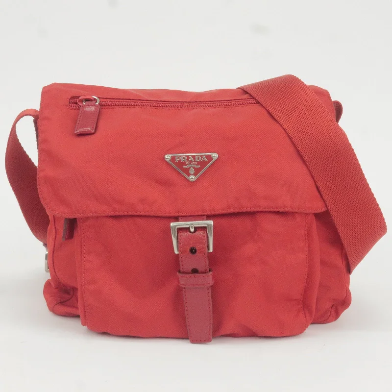 Prada Cahier bags with a leather - wrapped handle for a luxurious feelPRADA Logo Nylon Leather Shoulder Bag Rosso Red BT8994