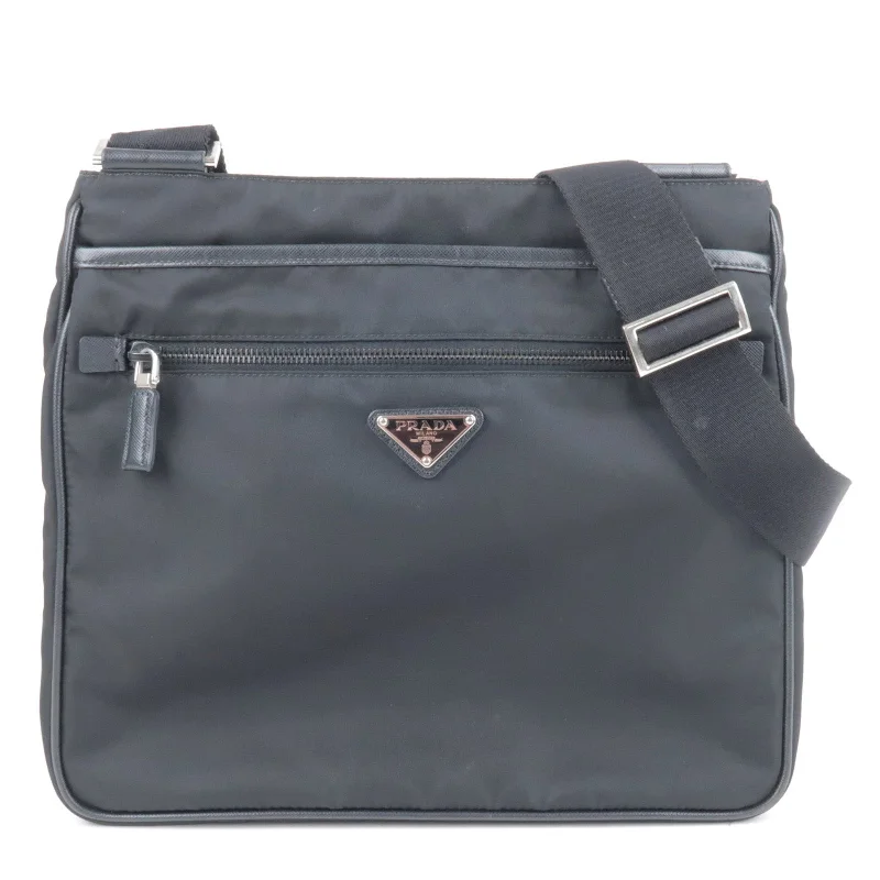 Prada Cahier bags with a detachable shoulder strap for versatile carryingPRADA Logo Nylon Leather Shoulder Bag Purse NERO Black