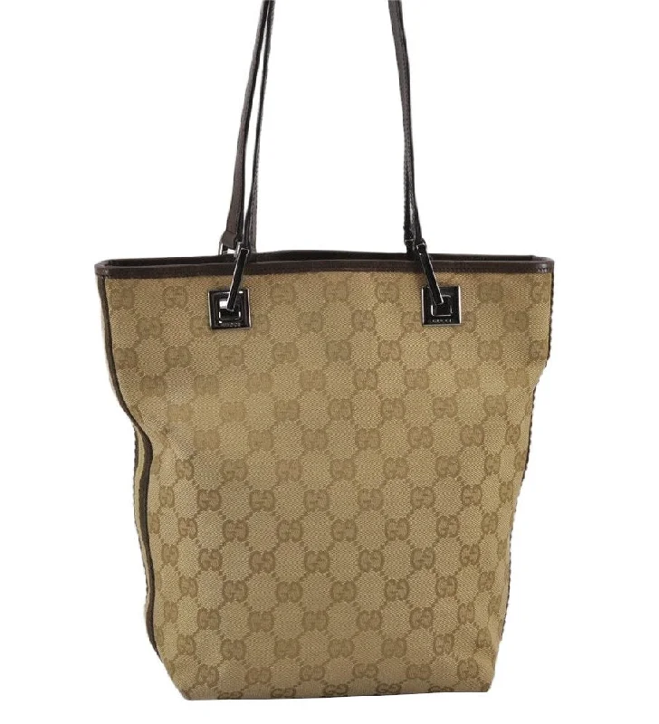 Women Gucci bags with a zip - around closure for securityAuthentic GUCCI Sherry Line Tote Bag Purse GG Canvas Leather 31244 Beige 9259J