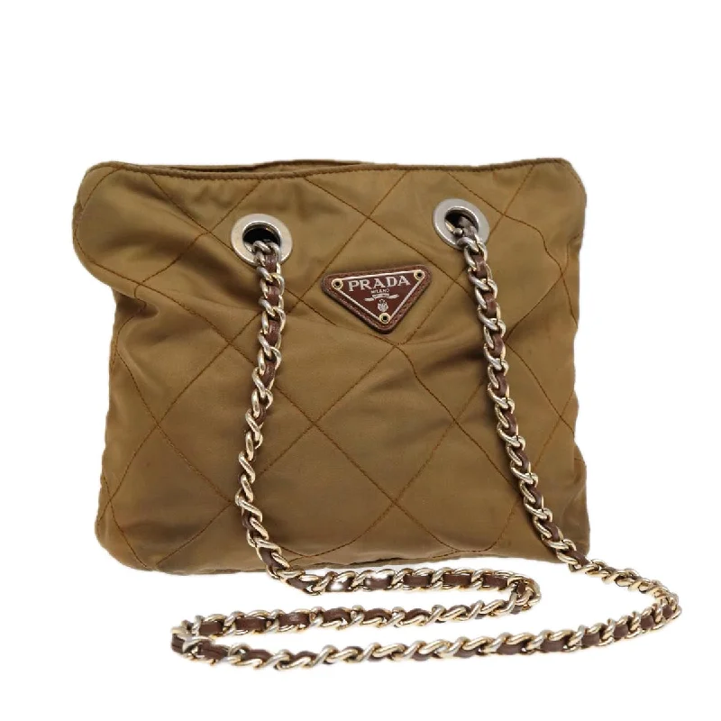 Prada Cahier bags featuring the signature triangular logo plaquePRADA Chain Shoulder Bag Nylon Khaki Gold Auth 86608