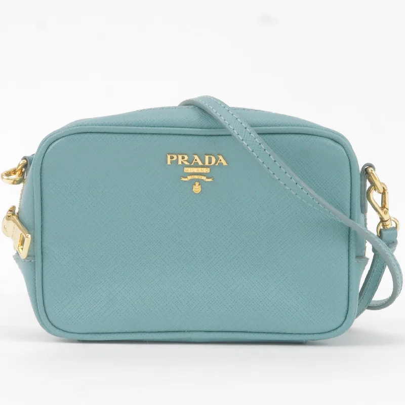 Prada tote bags with a printed Prada logo on the front for brand visibilityPRADA Vitello Daino Leather Shoulder Bag Purse Light Blue 1BC073