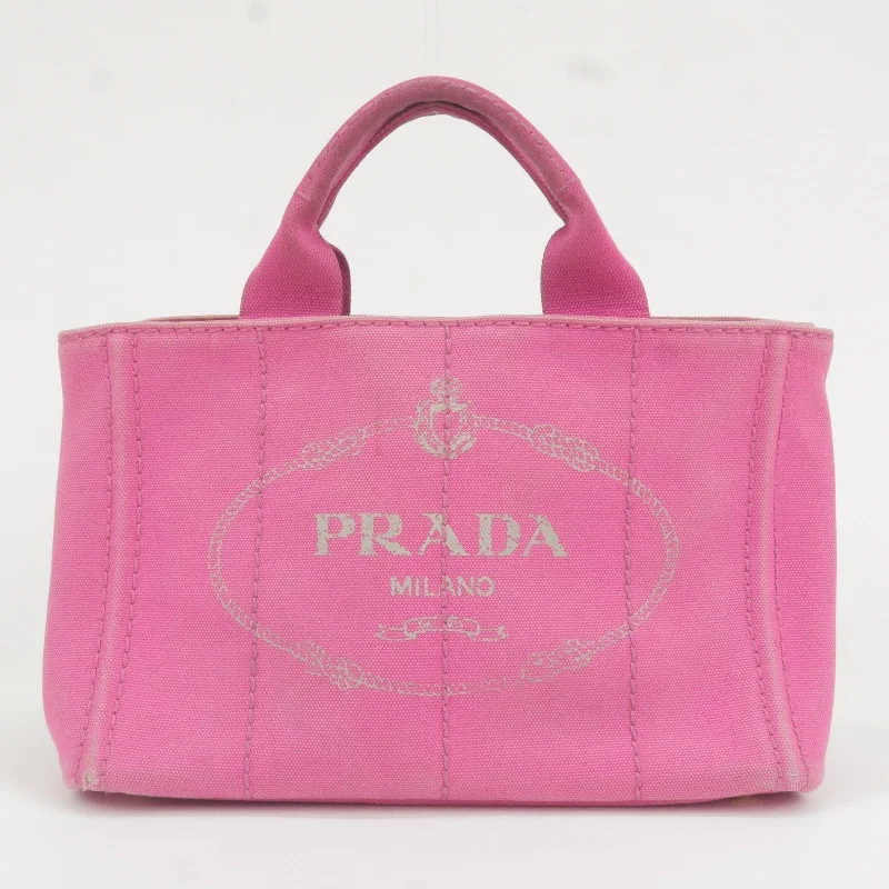 Prada bags with a front - flap pocket for quick access to essentialsPRADA Logo Canapa Mini Canvas Hand Bag Tote Bag Pink