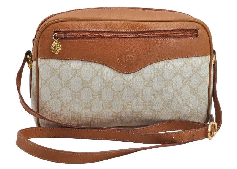 Women Gucci Sylvie bags with a detachable ribbon detailAuthentic GUCCI Shoulder Cross Body Bag Purse GG PVC Leather Beige Junk 9344J