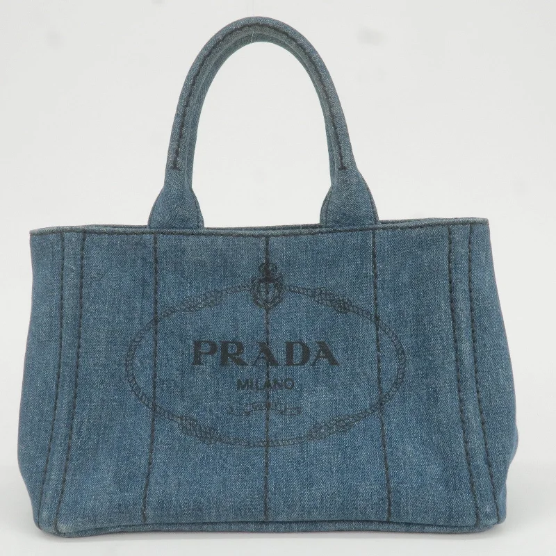 Prada crossbody bags with adjustable nylon straps for comfort and durabilityPRADA Logo Denim Canapa Mini Hand Bag Tote Bag Blue 1BG439