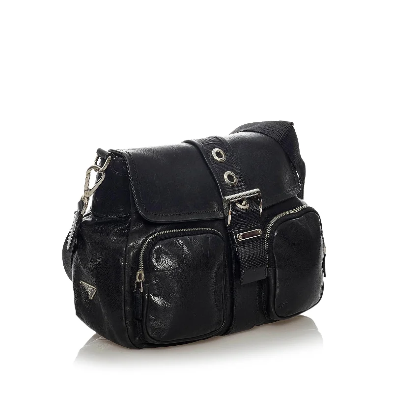 Prada bags with a snap - button closure and a decorative charm for a fashionable lookPrada Leather Crossbody Bag 33850