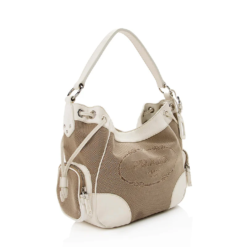 Prada bags with a back - zip pocket for storing valuables securelyPrada Logo Jacquard Hobo 15887