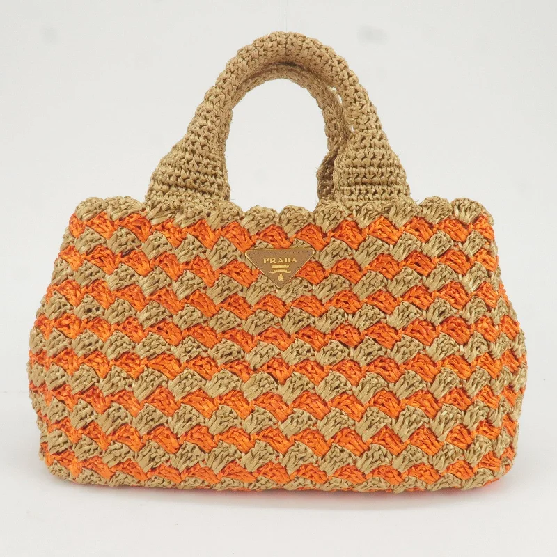 Ladies Prada Galleria bags with a detachable shoulder strapPRADA Logo Raffia Crochet Tote Bag Hand Bag Brown Orange BN2303