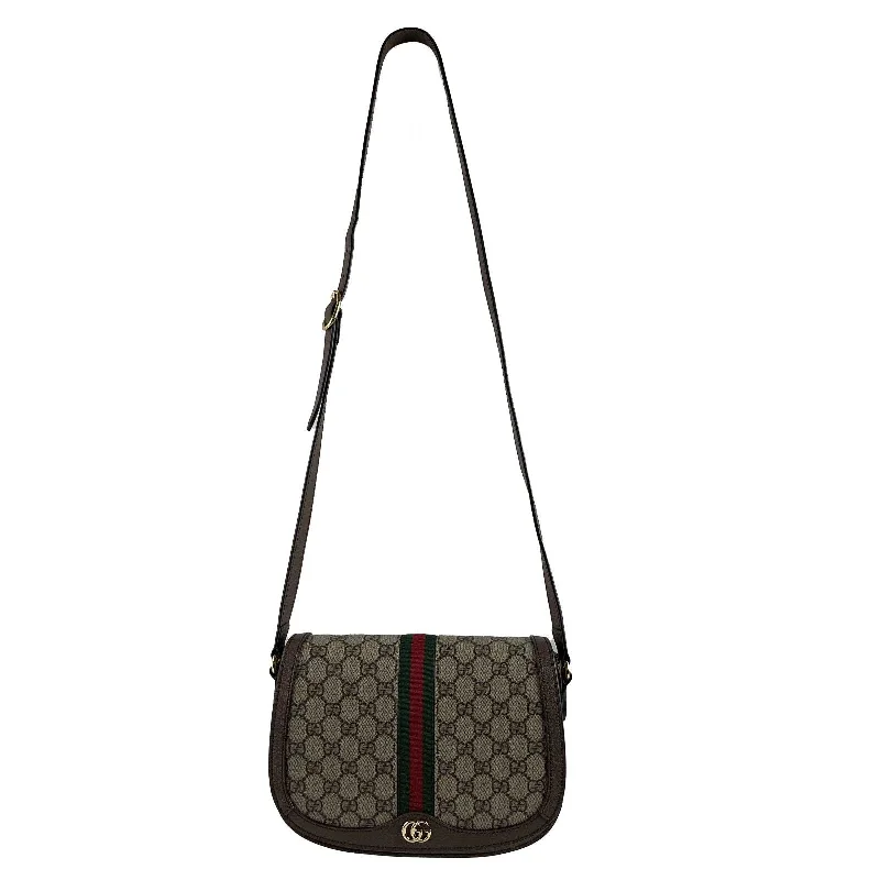 Women Gucci bags with a snap - button closure and a decorative charmGUCCI GG Supreme Monogram Web Small Ophidia Flap Messenger Brown Crossbody Bag