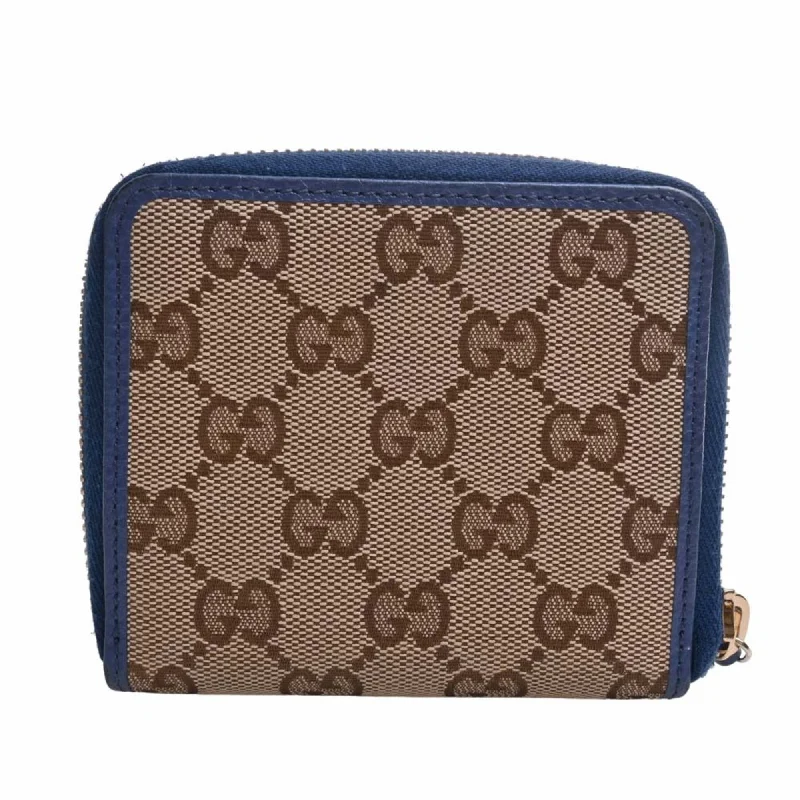 Gucci Marmont bags for women with gold - toned hardwareGUCCI GG Canvas Round Zipper Bifold Compact Wallet 346056 Beige/Blue Women's