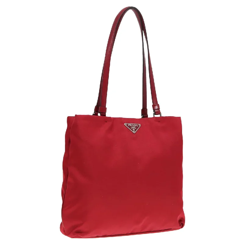 Prada handbags with a patent - leather finish for a shiny and sophisticated appearancePRADA Hand Bag Nylon Red Silver Auth 88758