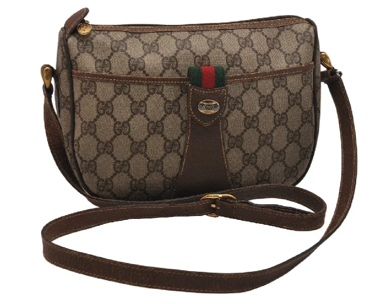 Women Gucci Sylvie bags with a monogram - embossed leatherAuthentic GUCCI Web Sherry Line Shoulder Bag GG PVC Leather Brown Junk 9266J