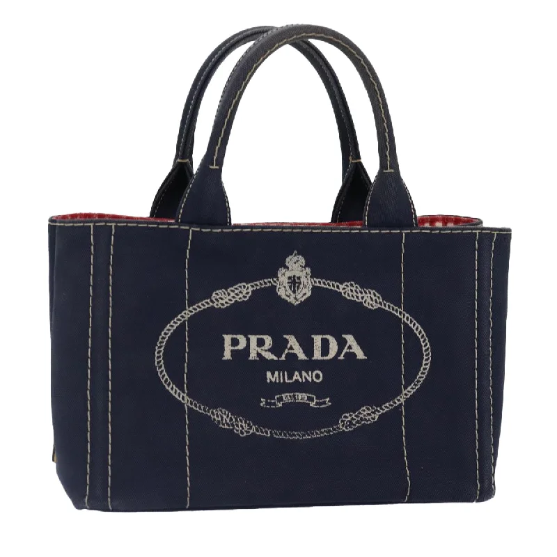 Ladies Prada Galleria bags with gold - toned hardware for a luxurious touchPRADA Canapa PM Hand Bag Canvas Navy Gold Auth ep5438