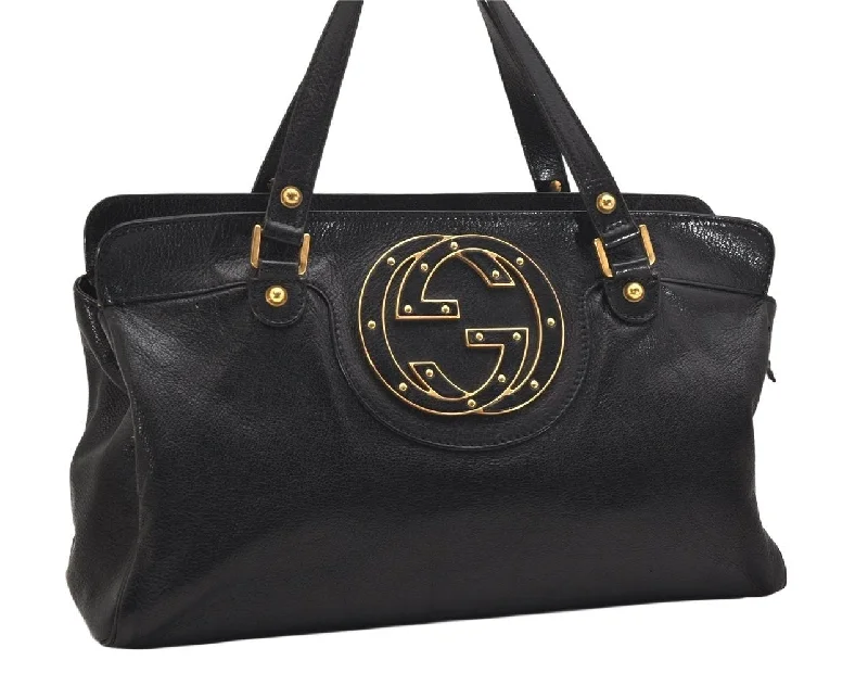 Women Gucci crossbody bags with a woven leather strapAuthentic GUCCI Interlocking G Vintage Hand Tote Bag Leather 121551 Black 8794J