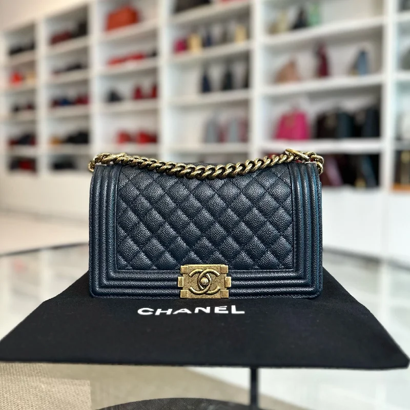 Chanel Quilted Leather Shoulder Bag for FashionistasCaviar Boy Old Medium 25CM Dark Blue RGHW No 20