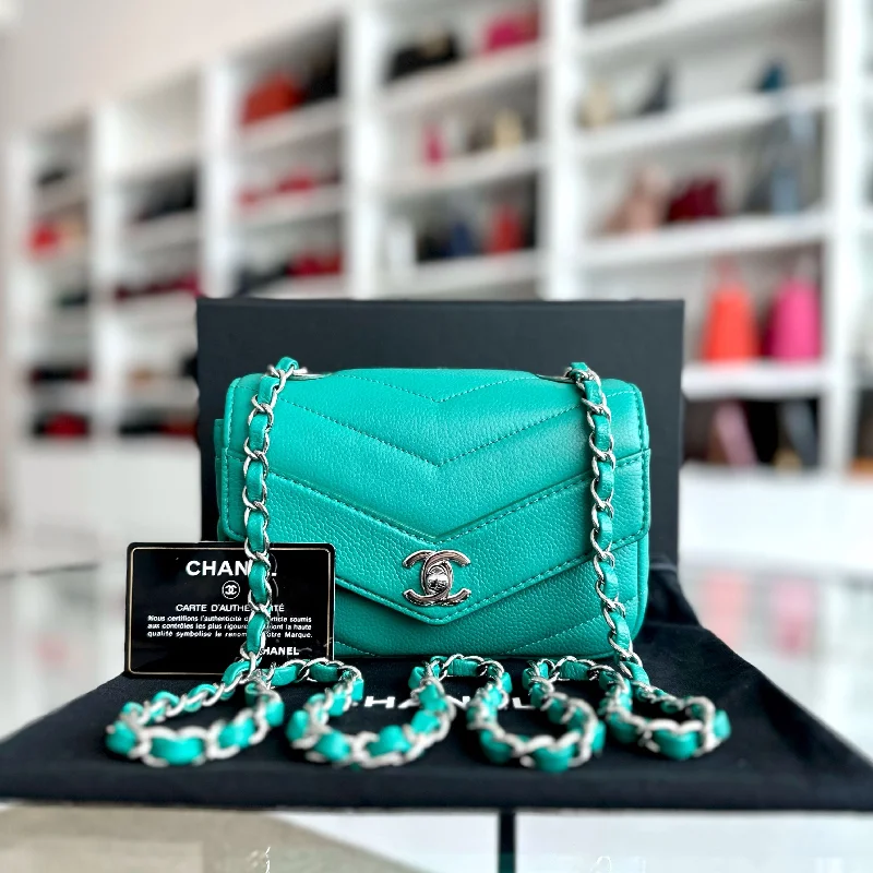 Chanel Designer Handbag with Unique DesignCaviar V Stitch Chevron Mini Square Green Blue SHW No 24