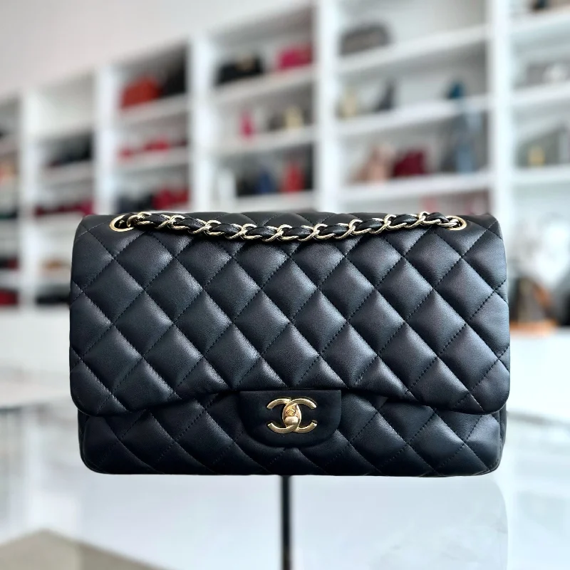 Chanel Designer Handbag with Unique DesignJumbo Double Flap Lambskin Classic Flap Black GHW No 14