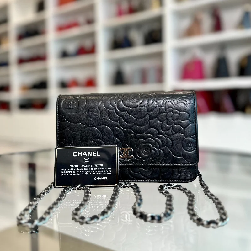 Chanel Handbag with Adjustable Strap for ComfortWOC Camellia Wallet On Chain Lambskin Black SHW No 20