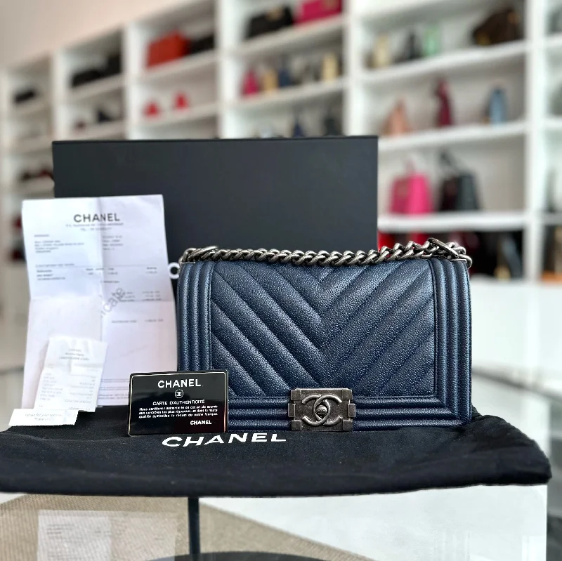 Chanel Black Handbag for Business Meetings*Full Set, Receipt* Caviar Boy Old Medium 25CM Chevron Dark Blue RSHW No 28