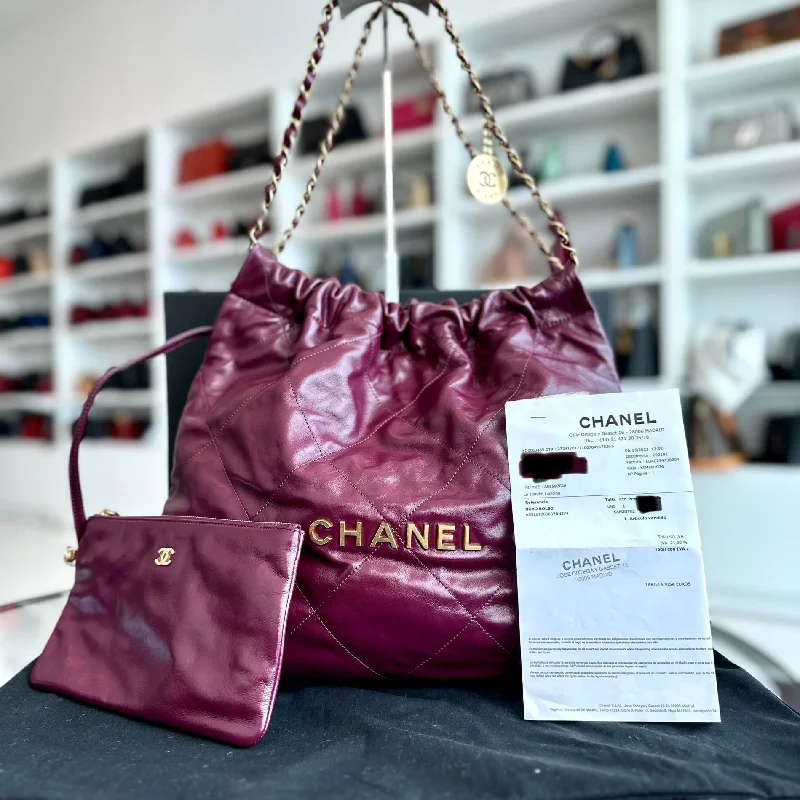 Chanel Handbag with Adjustable Strap for Comfort*Microchip, Receipt Full Set* 22 Calfskin Medium Violet With Pouch 22Bag RFID Microchip