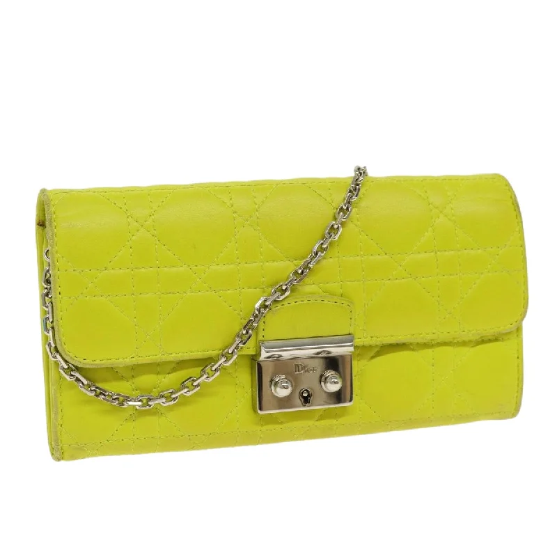 Luxury Christian Dior crossbody bags with a chain - link strapCHRISTIAN DIOR Chain Canage Wallet Leather Yellow Silver Auth 84830