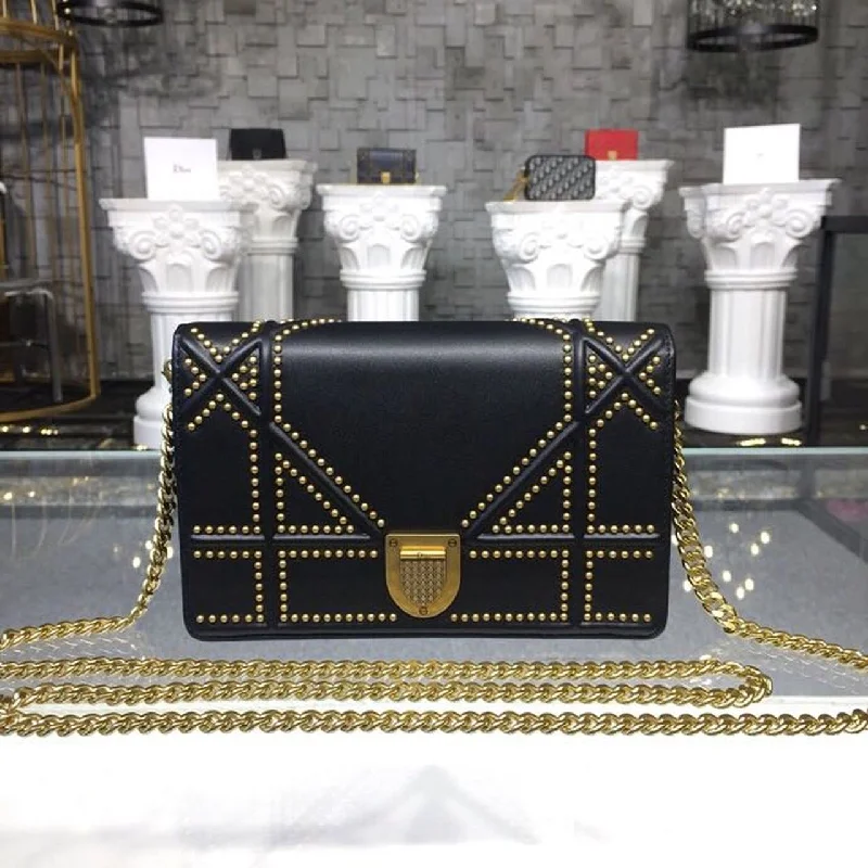 Christian Dior handbags with a detachable mirror for on - the - go touch - upsChristian Dior Christian Diorama Studded WOC Chain Clutch Black