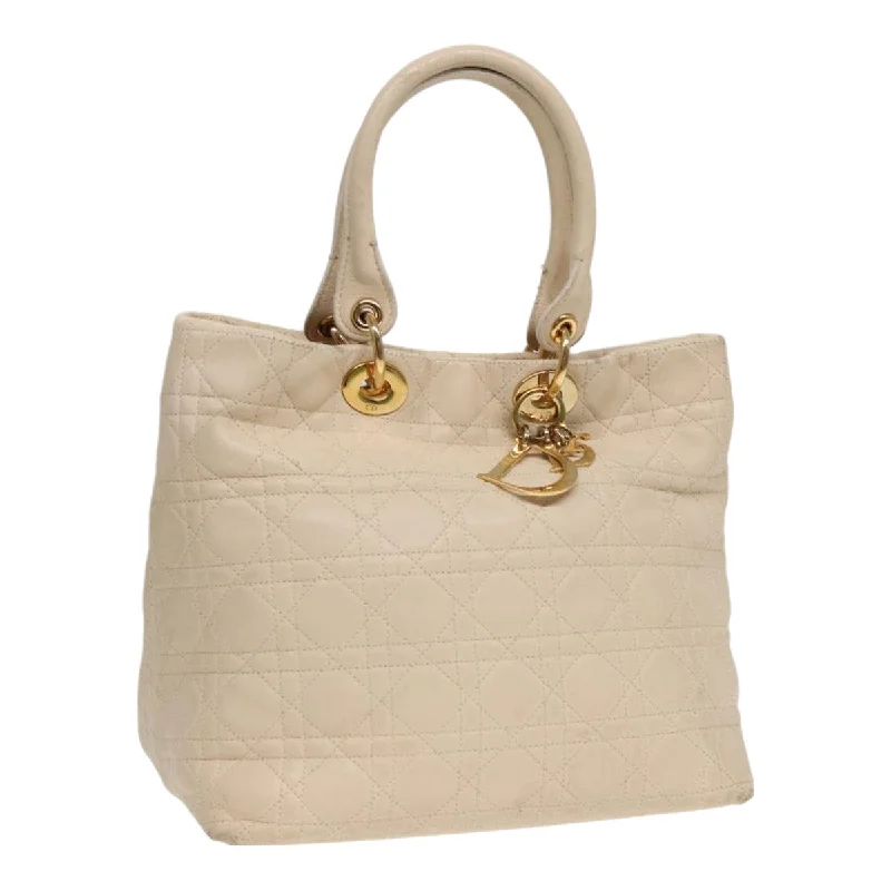 High - fashion Christian Dior bags with a geometric patternCHRISTIAN DIOR Lady Dior Canage Hand Bag Leather Cream Gold Auth bs17094