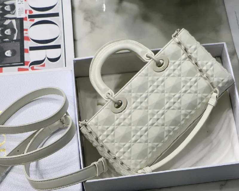 High - fashion Christian Dior bags with a geometric patternChristian Dior Lady D-Joy Bag White Macrocannage Technical Fabric, White Handbags