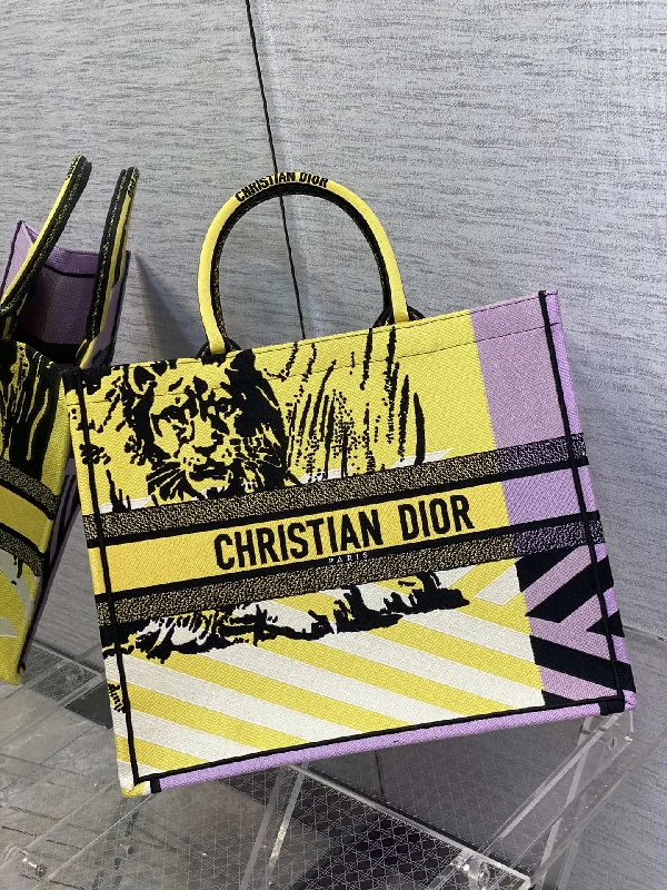 Christian Dior bags with a side - pocket for holding a water bottleChristian Dior Large Book Tote Bright Yellow and Pink D-Jungle Pop Embroidery, Yellow/Pink,